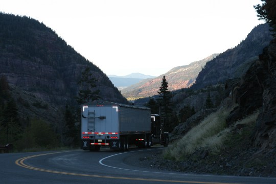 This truck driver should get a medal for bravery. Even if he traverses this tricky Million Dollar Highway section regularly, he probably doesn't have much of a chance to look at the view.